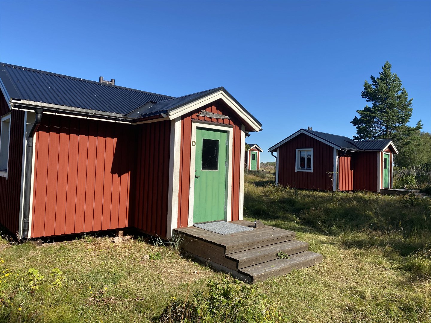 Red cabins on grassland