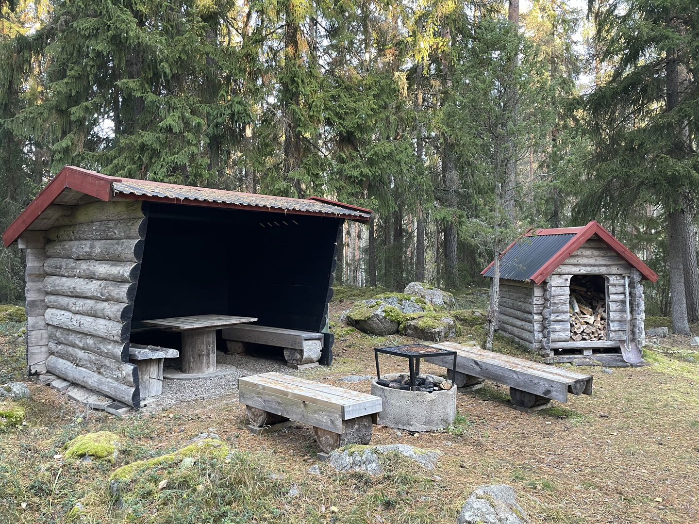 Vindskydd med grillplats, sittplatser och vedskjul med skog i bakgrunden