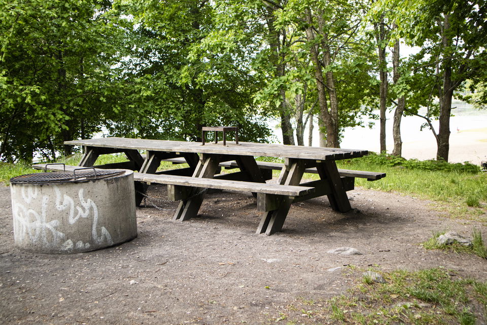 En grillplats, bänkar, träd i bakgrunden.
