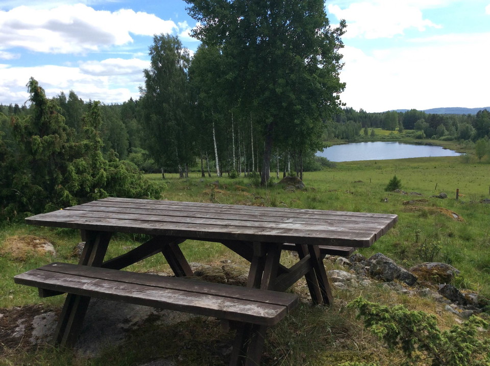 Rastplats med bord och bänkar med utsikt över sjö.