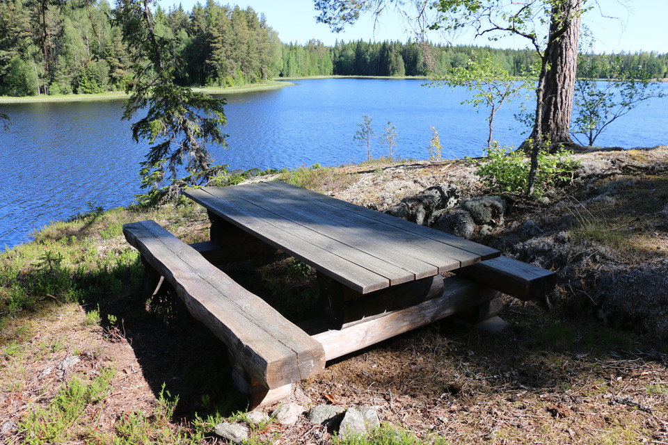 Ett picknickbord på en klippa i skogen, en sjö i bakgrunden.