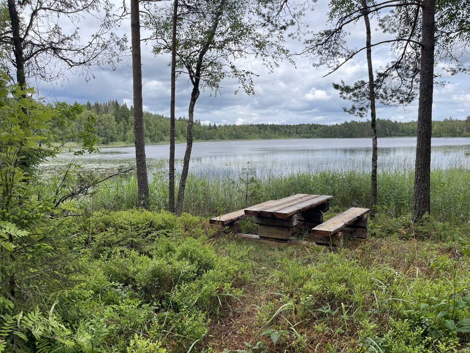 Picknickbord i glänta vid sjö.