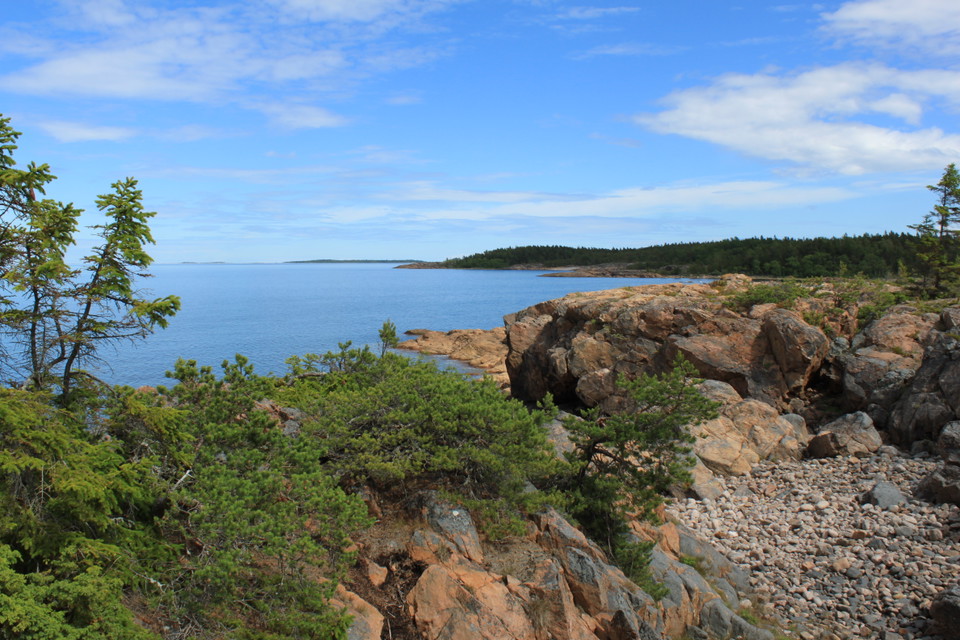 Klippor vid havet. I bakgrunden finns det skog längs klipporna.