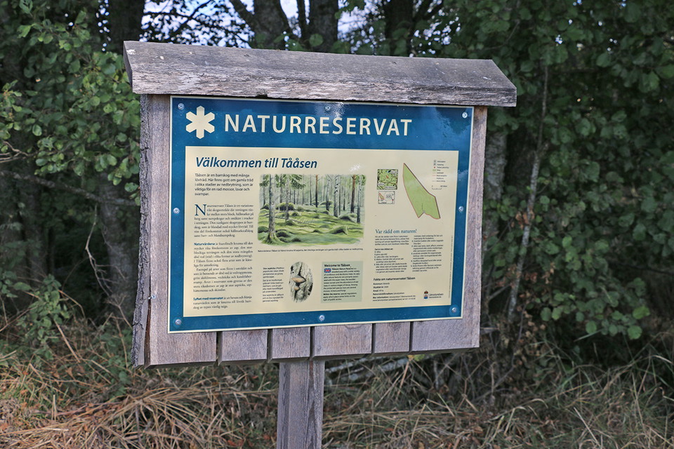 Informationstavla på träställ.