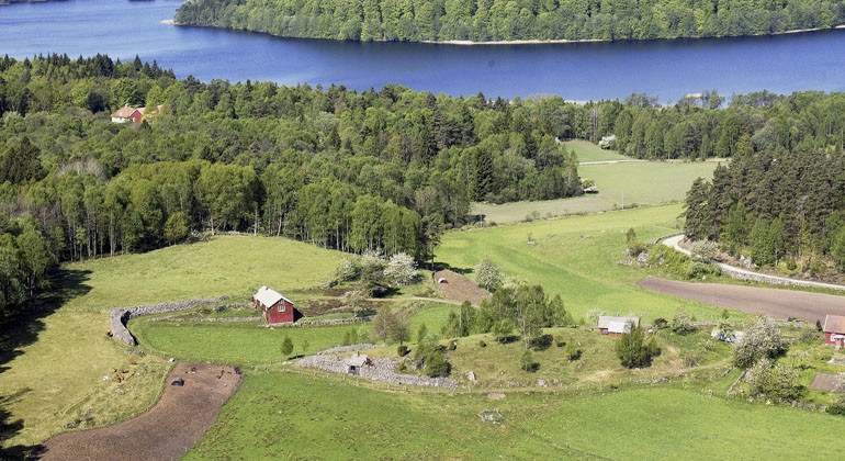 En vybild över vatten, skog, öppna marker och bebyggelse.