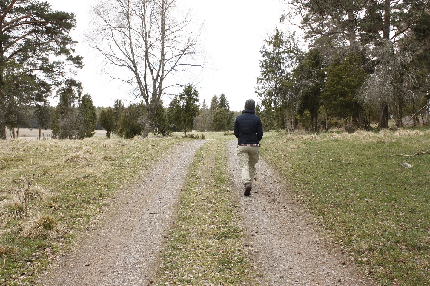 En person promenerar längst en bred grusad väg genom naturen.