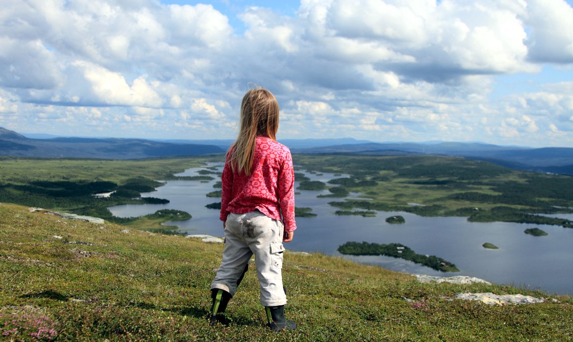 Barn som står på toppen och tittar på utsikten över sjön Öjön