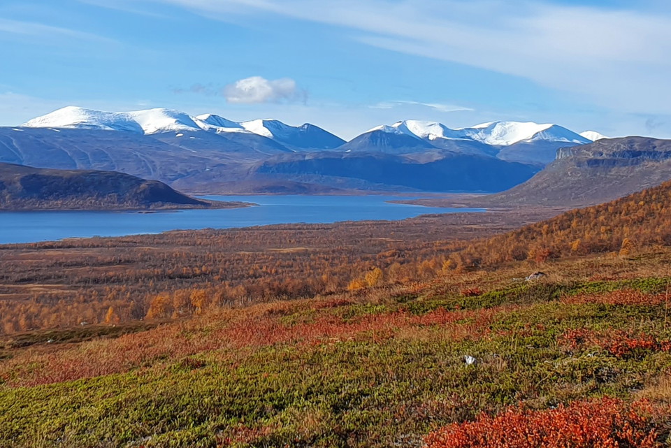 Sjön Vuolep Kaitumjärvi med toppar som Kårsatjåkka (1 703 m ö.h.) i bakgrunden.