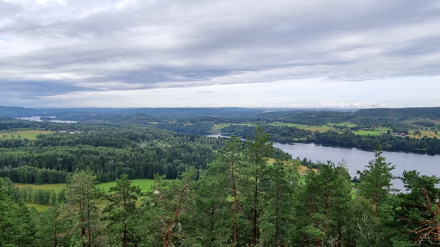 Utsikt från utsiktstorn över sjöar och skogsklädda höjder. 