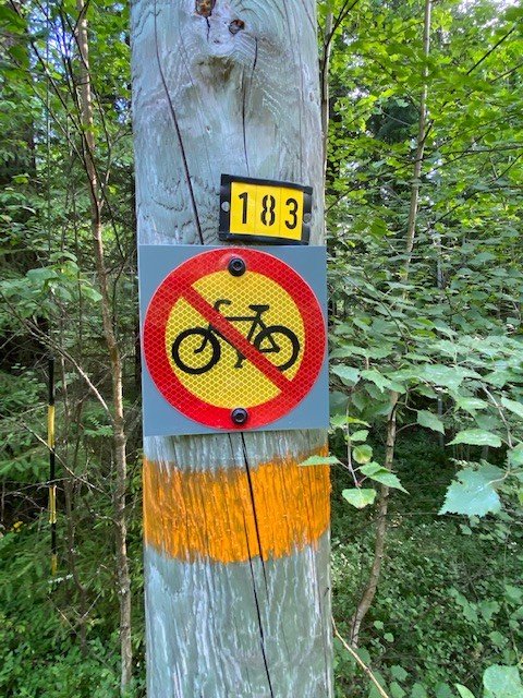 Skylt som visar cykling förbjudet i spåret. Monterad på belysningsstolpe 