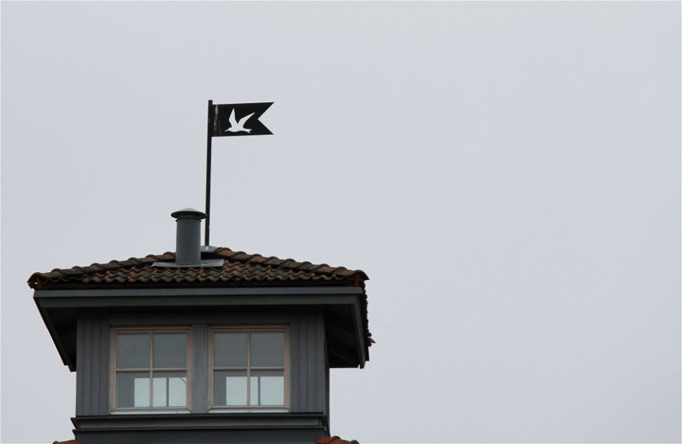 På husets topp sitter en vindflöjel med en fågel.