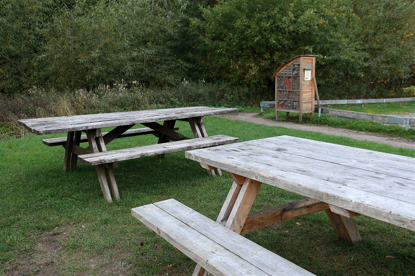 Framför ett manshögt insektshotell står två picknickbänkar.