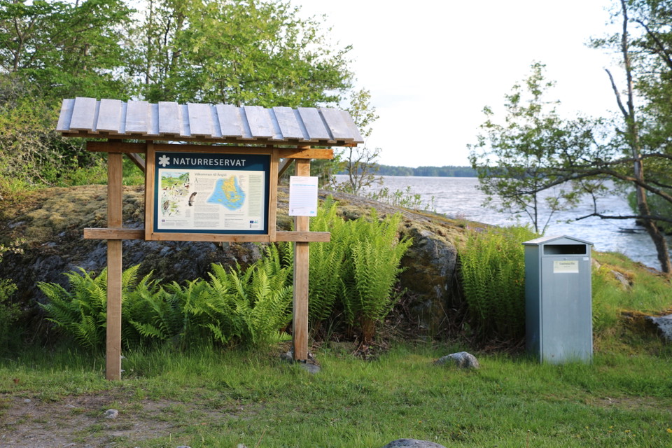 Informationstavla med en soptunna bredvid. Bakom finns en klipphäll med Mälaren bakom. Runt klipphällen växer ormbunkar.