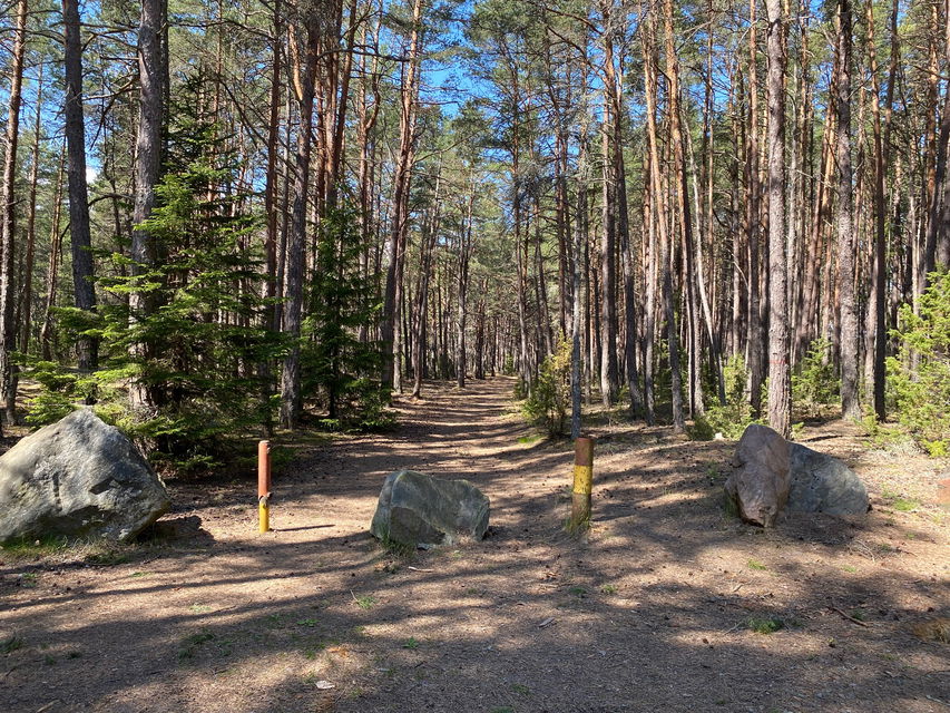 Framför en bred sandstig genom skogen står två stolpar med stora stenblock emellan.