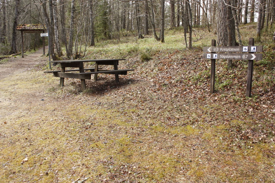 Ett bänkbord står i naturen. Bredvid rastplatsen finns en vägvisare. 