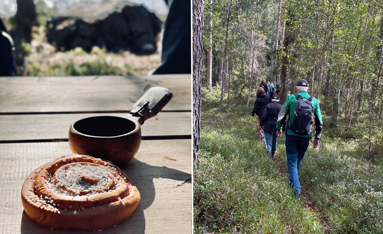 Bild på kåsa och kanelbulle samt led med personer som vandrar efter Bruksleden.