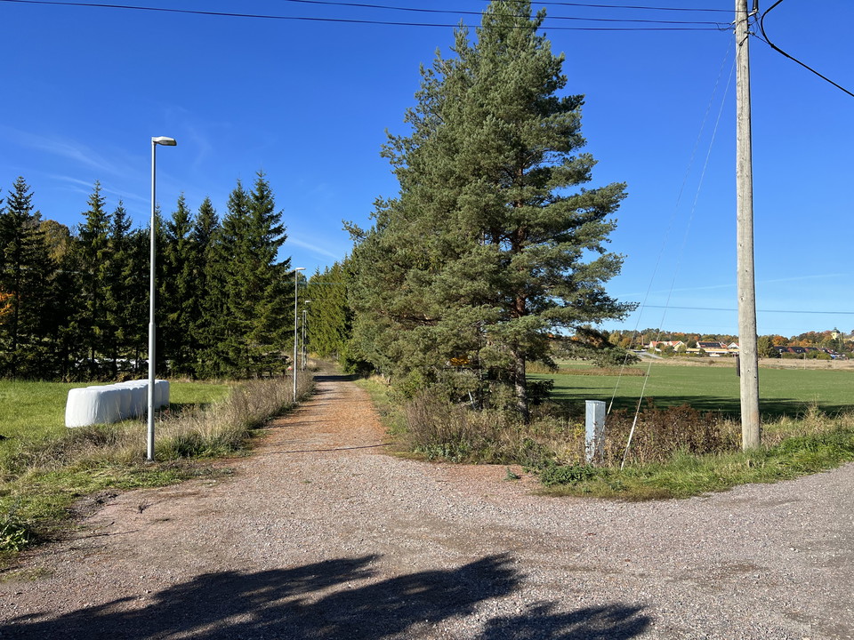 Motionsspår startar, asfalt går över i grusad väg