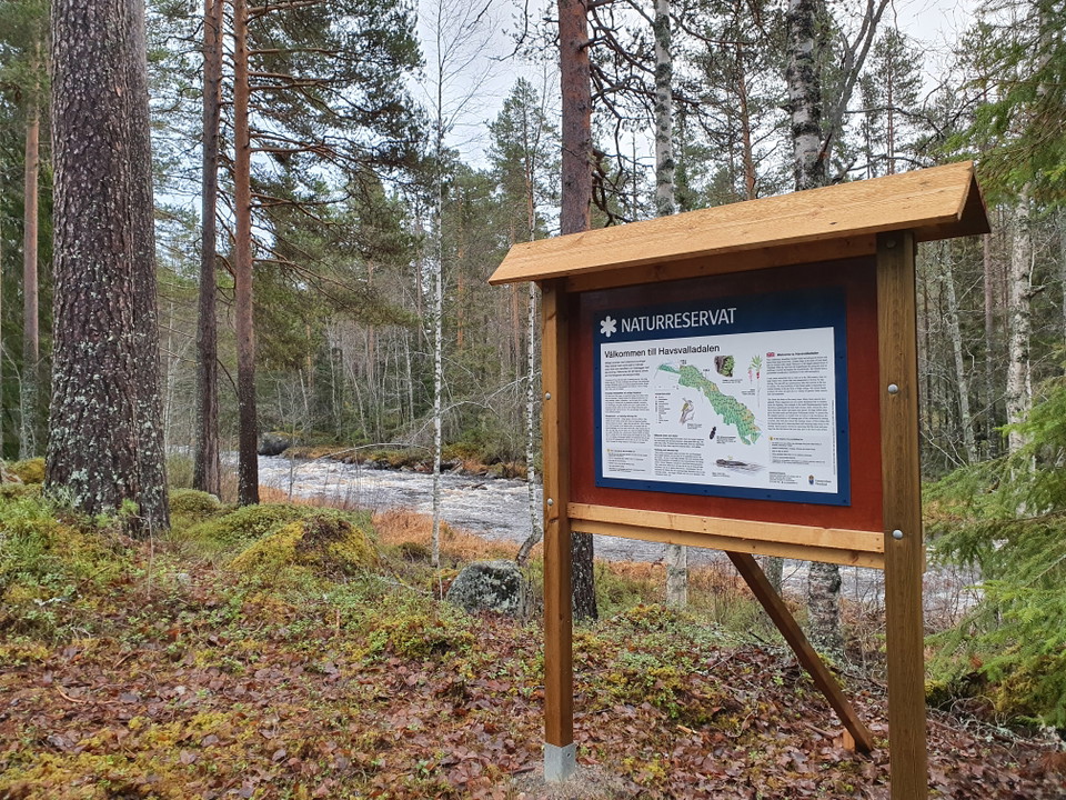 Informationstavlan placerad vid kanten av ån.
