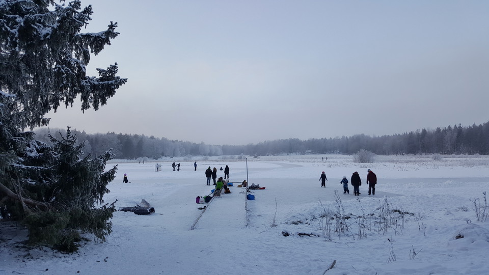 Flera personer går eller åker skridsko på isen. En brygga går ut en bit på isen.