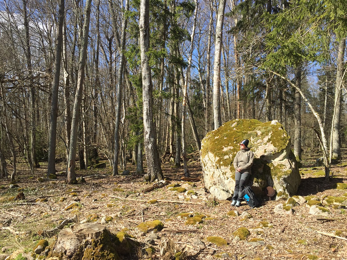 Kvinna lutar sig mot sten som är större än henne. På marken bredvid står en ryggsäck. Lövskog i bakgrunden.