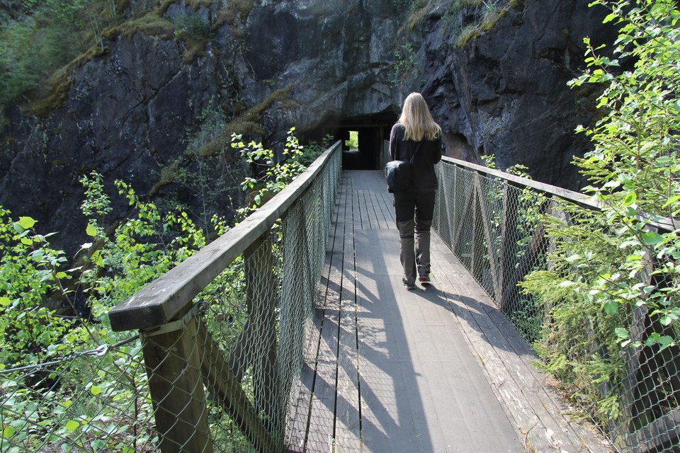 En person går över en bro.