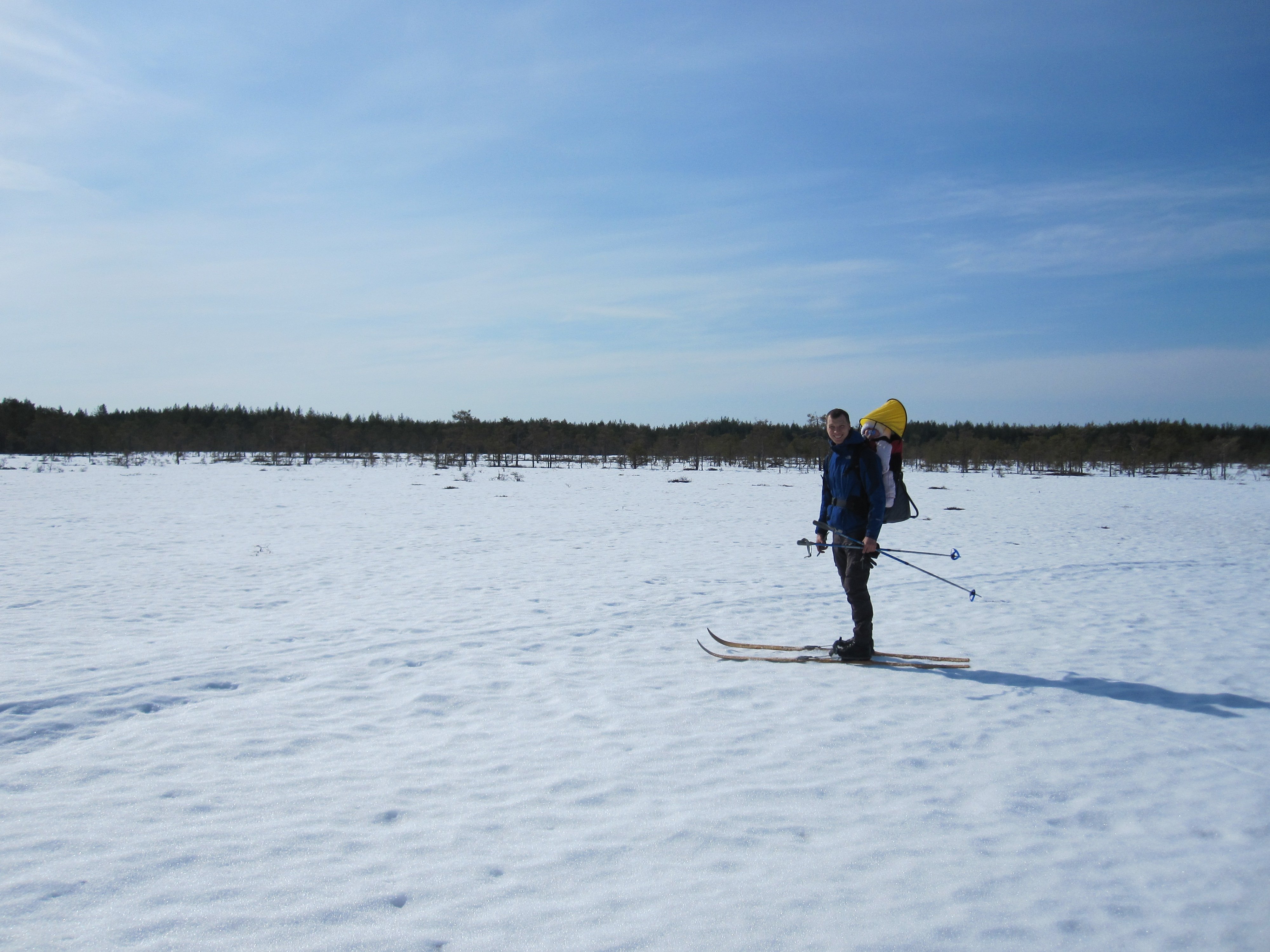 En person åker längdskidor på snötäckt mark.