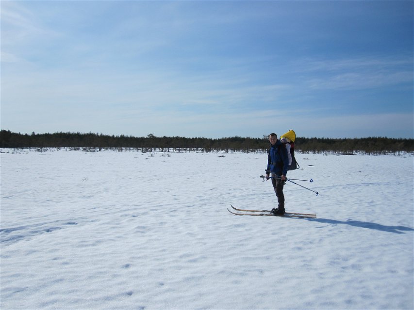 En person åker längdskidor på snötäckt mark.