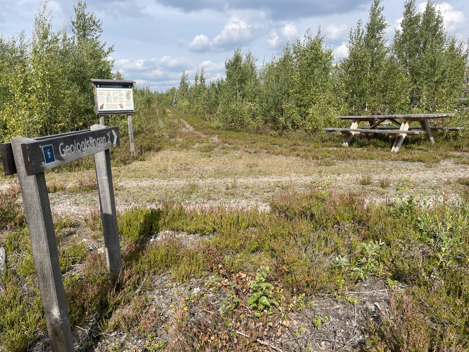 Grusväg som grenar sig. Picknickbord, vägvisare och skylt.