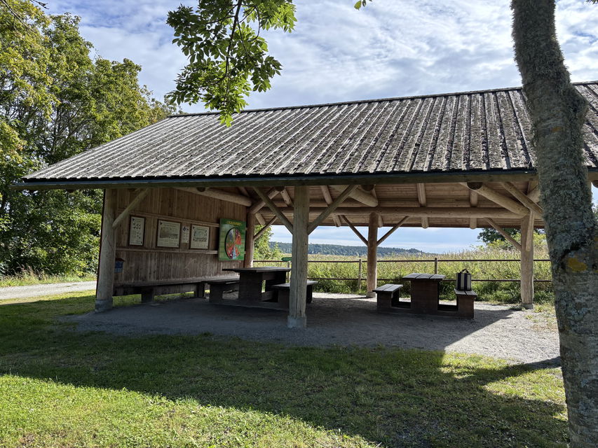 Ett stort träfärgat tak som bärs upp av stolpar. Under taket står flera rastbord. 