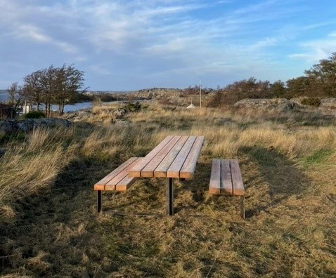 Bänkbordet på höjden står på gräsbeklädd mark. 
