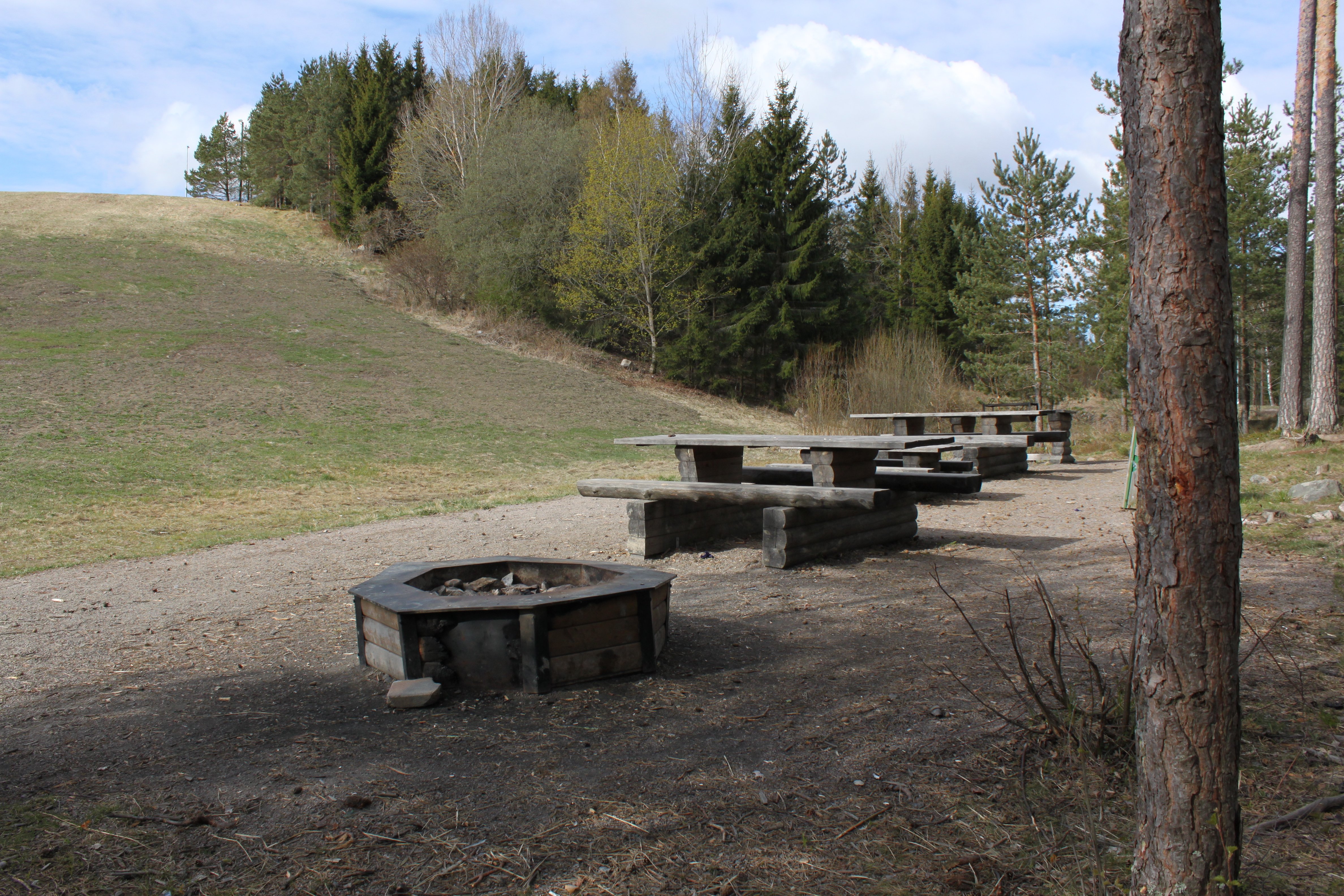 Nedanför en brant backe av gräs står en grillplats med flera bänkbord på en grusad yta.
