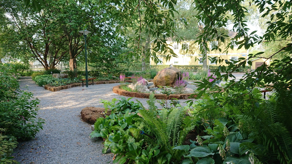 Växter, grusrondell, sten med fontän