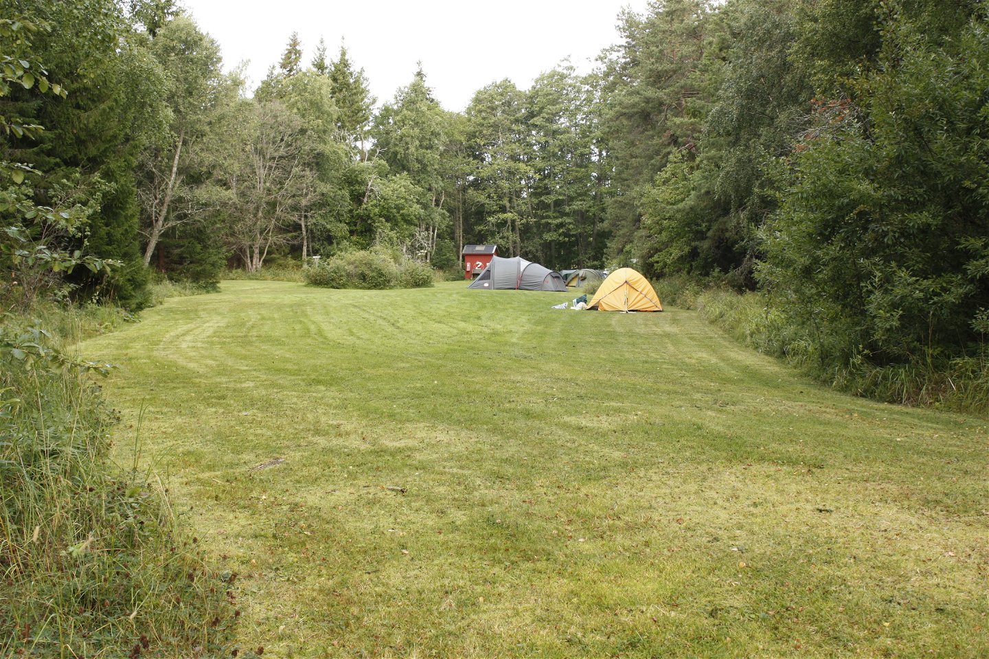 Två tält står uppställda på en äng. Runtom ängen är det skog och i bakgrunden står en torrtoalett.