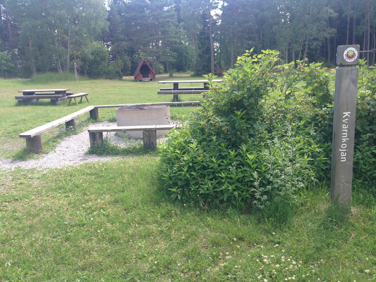 En grillplats med bänkar och bänkbord. Ett vindskydd står i bakgrunden.
