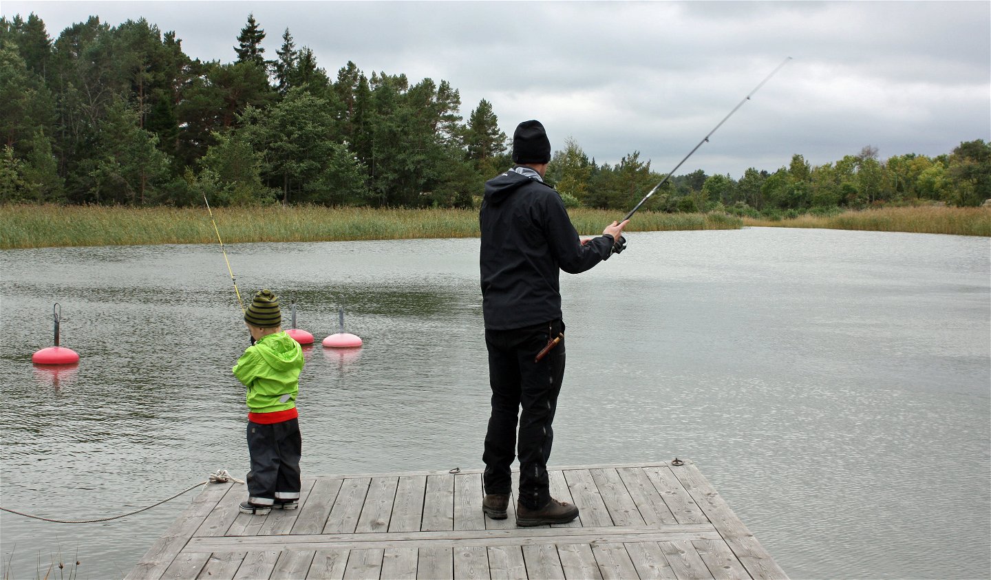 En vuxen och ett barn fiskar från en brygga.