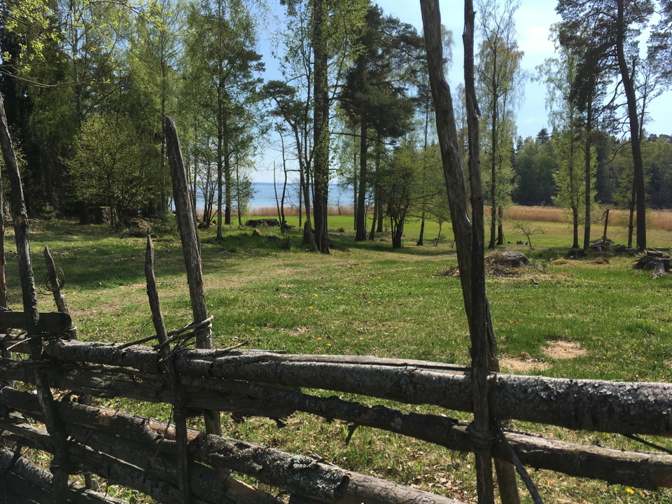 Öppen betesmark med en gärdesgård i förgrunden. I bakgrunden skymtar en sjö fram.
