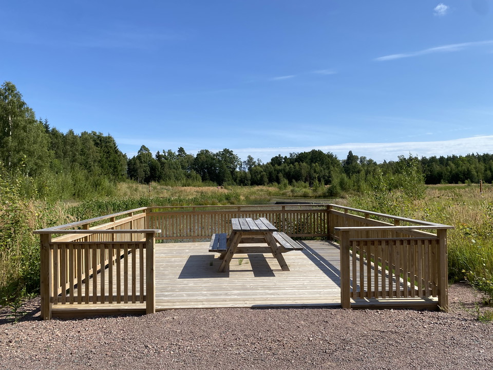 Picknickbord på plattform vid våtmarken