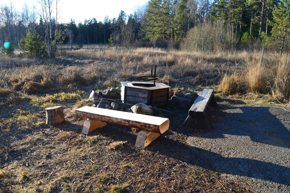 En eldstad med vridbart galler, två stockbänkar och en huggkubbe.
