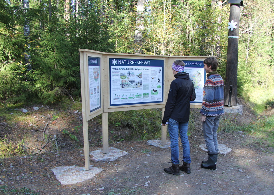 Två personer tittar på informationstavla.