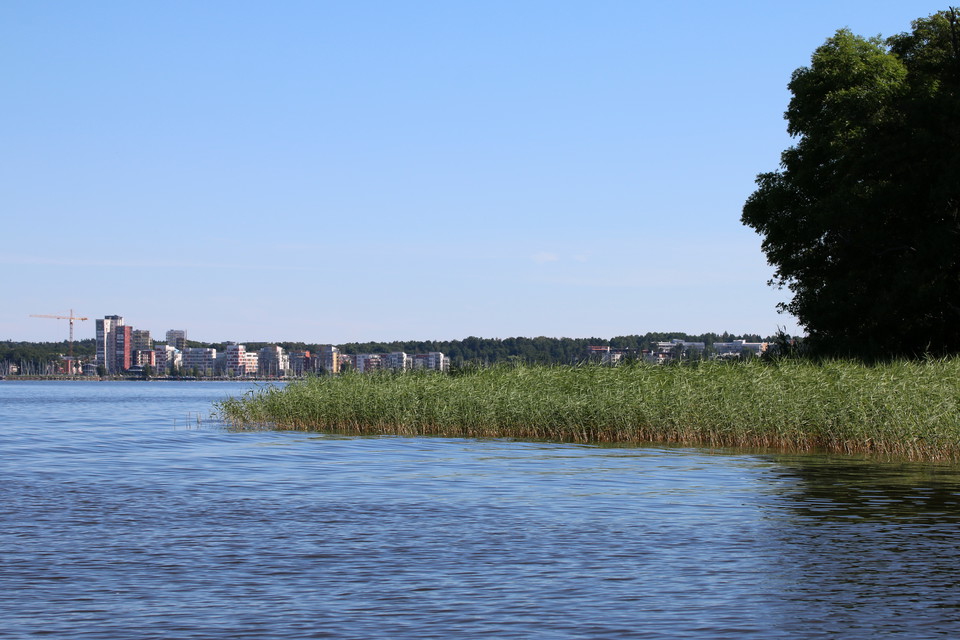 I förgrunden syns vassen runt holmen och i bakgrunden skymtas Västerås.