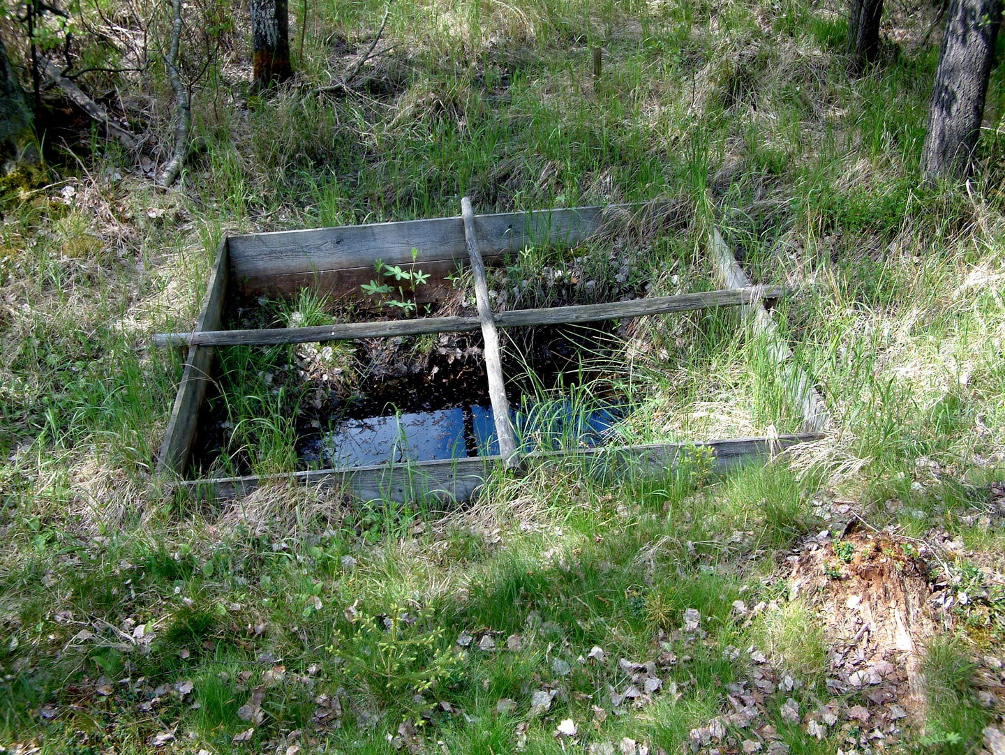En källa, förstärkt med ett träkar, försåg sätesgården med friskt grundvatten (G. Knutsson 2008).