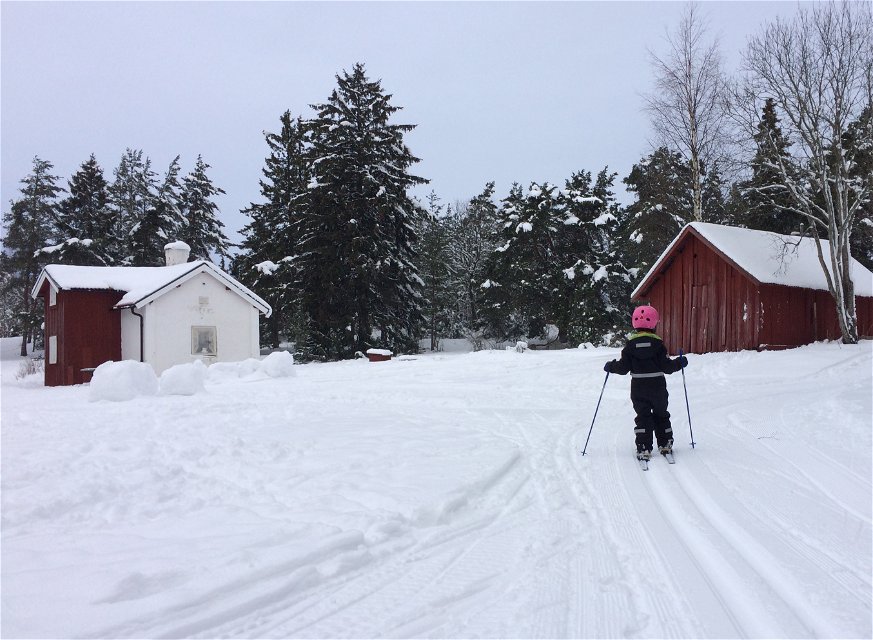 Ett barn åker skidor i ett spår mellan två hus.