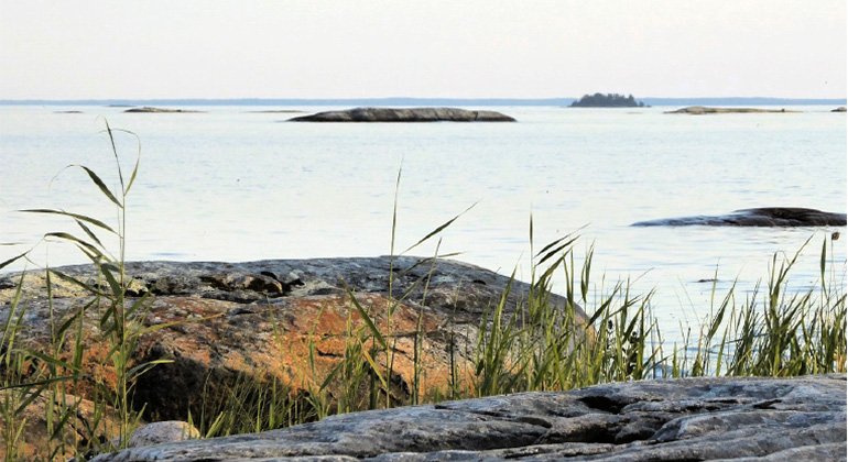 Utsikt över Vänern från strandkanten. 