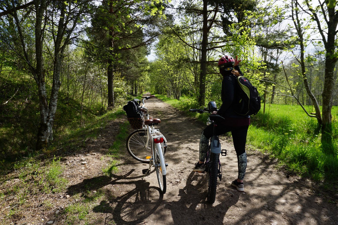 En damcykel och en kvinna med mountainbike på en grusväg i somrigt landskap