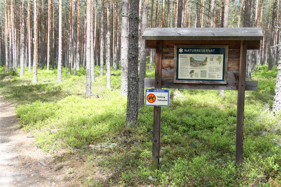 Informationstavla och en skylt som visar att ridning är förbjuden i naturreservatet.
