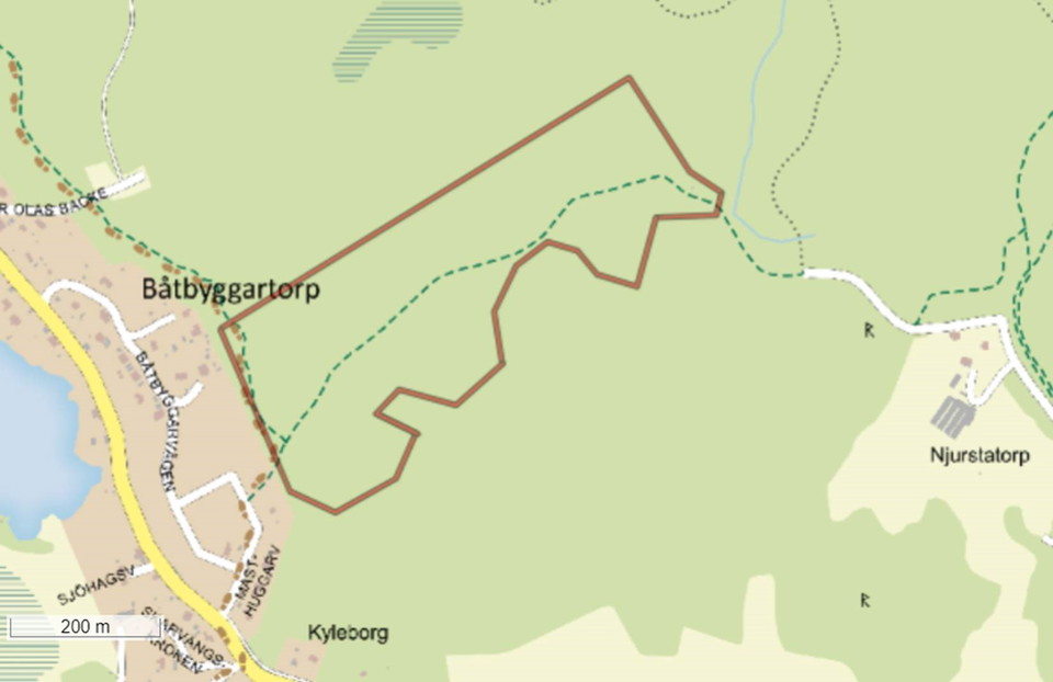 Skötselområdet är markerat med röd linje. 