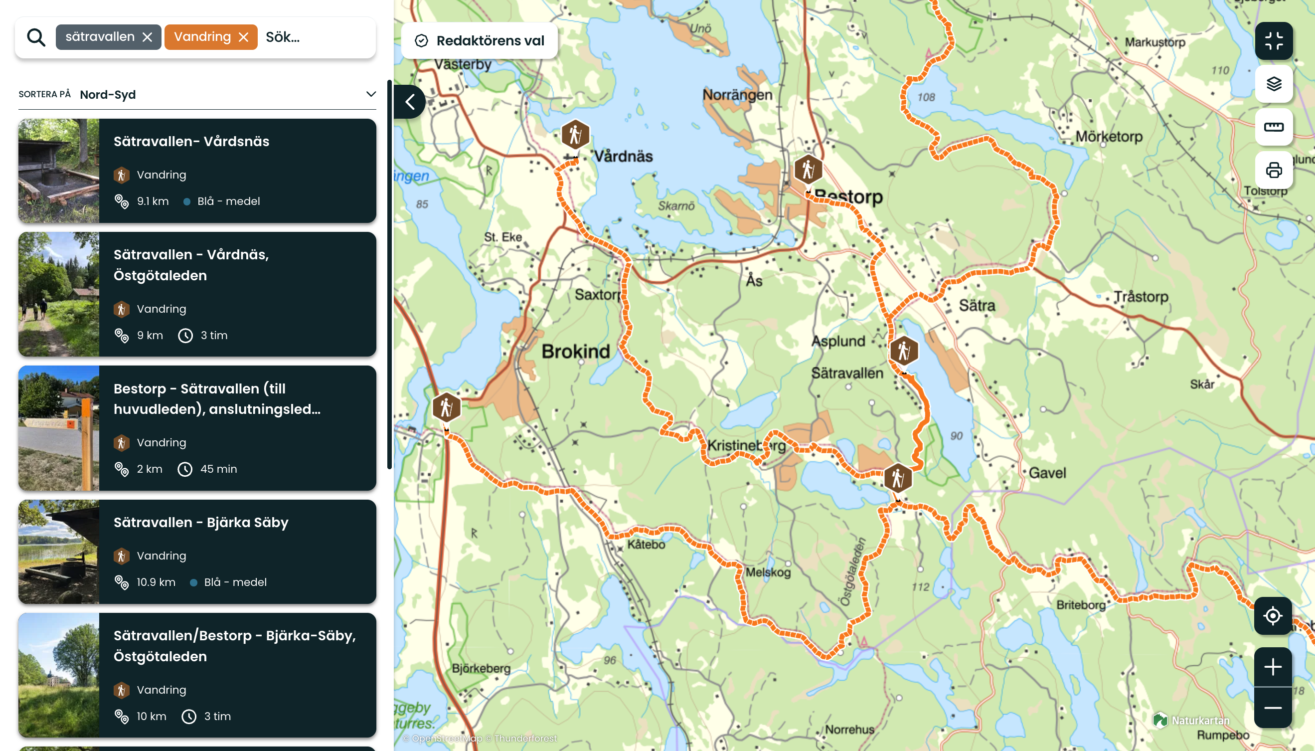 Sökning i kartan genom fritextsök på "sätravallen" ihop med filtrering på kategorin "vandring" ger a…