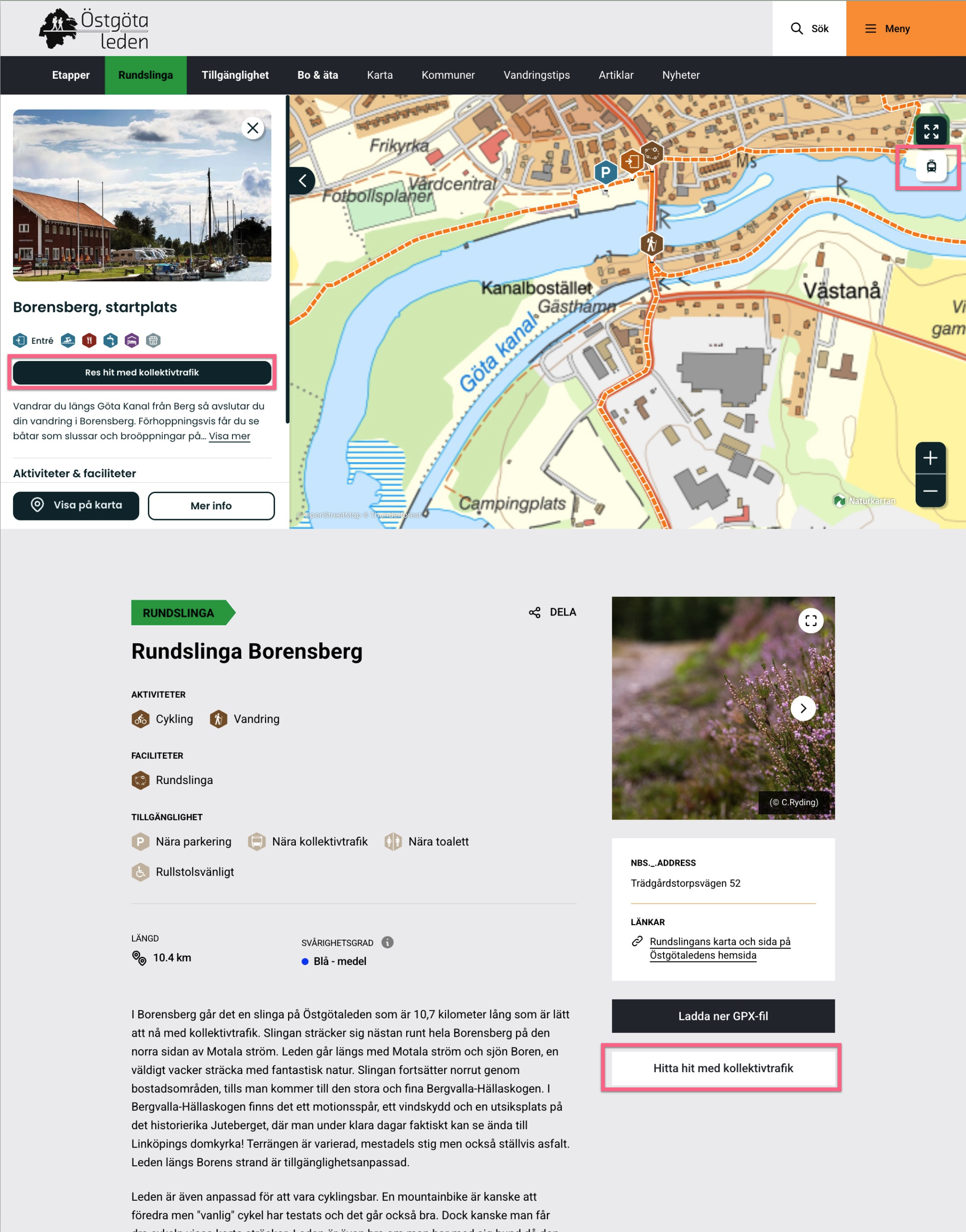 Klicka på knappen för "Hitta hit med kollektivtrafik" eller klicka på ikonen för kollektivtrafik i k…