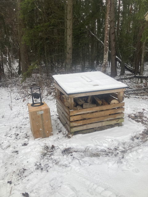 Vedförråd och huggkubbe