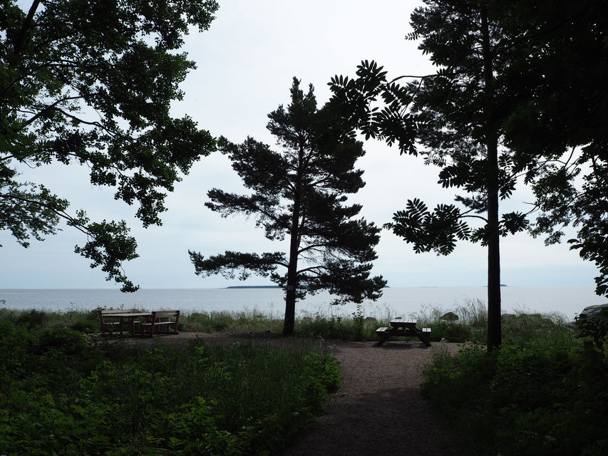 Rastplats med bänkbord och grillplats med utsikt över havet vid Utvalnäs udde